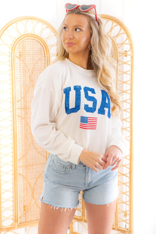 "USA" Flag Corded Sweatshirt-Tres Bien-L. Mae Boutique