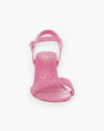 Front view of pink raffia block heel sandals showcasing an open-toe design with a woven raffia strap for a chic and breathable fit.