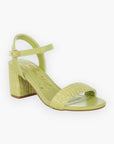 Green raffia block heel sandals with an adjustable ankle strap and cushioned insole, offering a trendy and comfortable summer style.