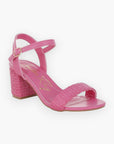 Pink raffia block heel sandals with an adjustable ankle strap and cushioned insole, perfect for summer fashion and casual elegance.