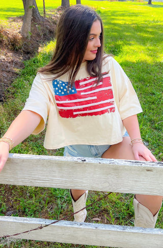 Vintage American Flag Boxy Cropped Rope Tee-Peach Love California-L. Mae Boutique