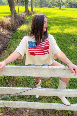 Vintage American Flag Boxy Cropped Rope Tee-Peach Love California-L. Mae Boutique