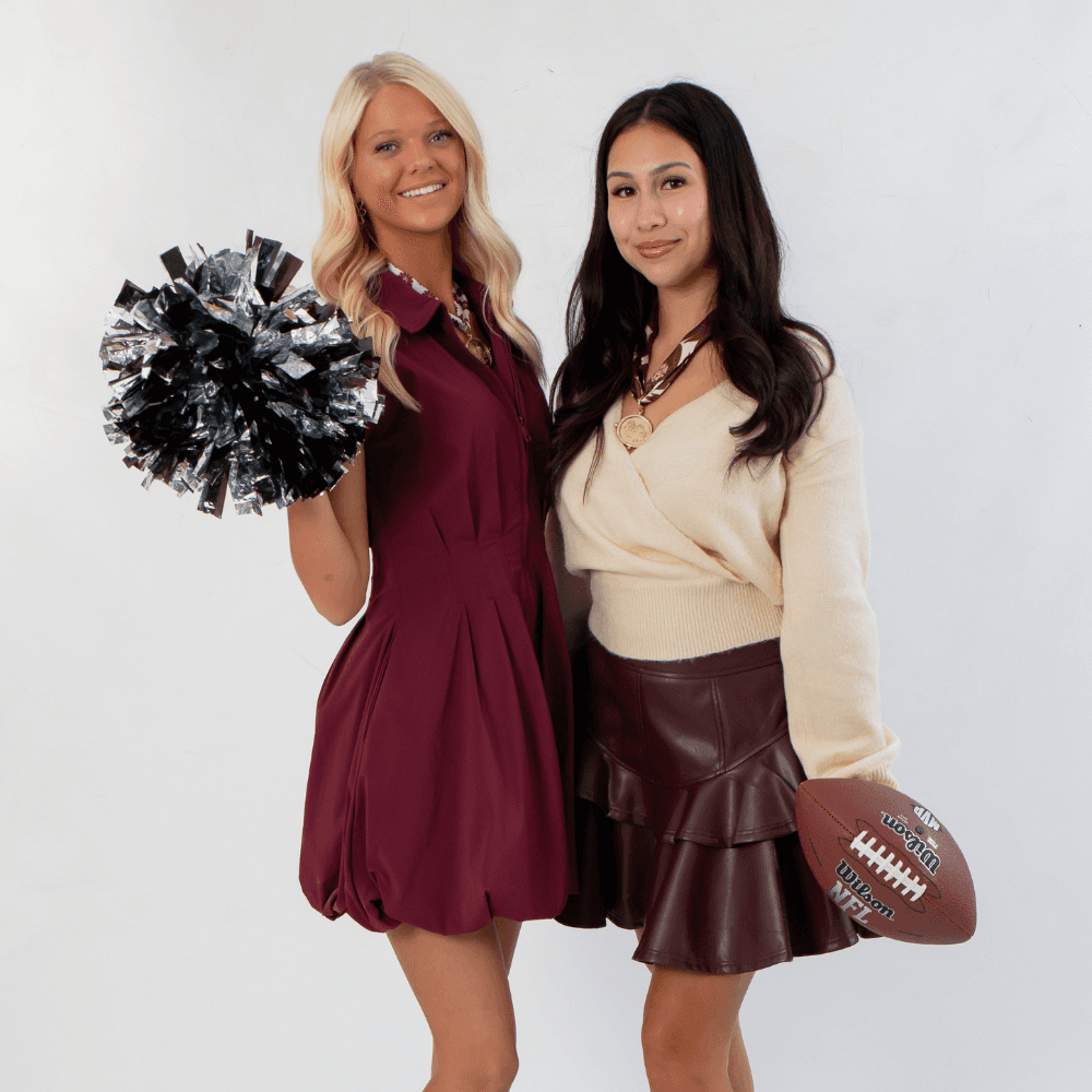 Trendy friends smiling in garnet and neutral gameday outfits for women, enjoying boutique football fashion and feminine gameday style