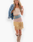 Western Whiskey Pink Combo High Rise Suede Fringe Skirt-Bottoms-Vocal-L. Mae Boutique & Wild Mabel Clothing