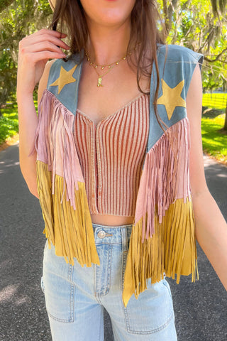 Western Whiskey Pink Combo Suede Star Vest-Vocal-L. Mae Boutique