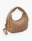 Vegan leather woven mini hobo shoulder bag in tan with gold-tone hardware and detachable strap. Features a zip-top closure for secure storage.