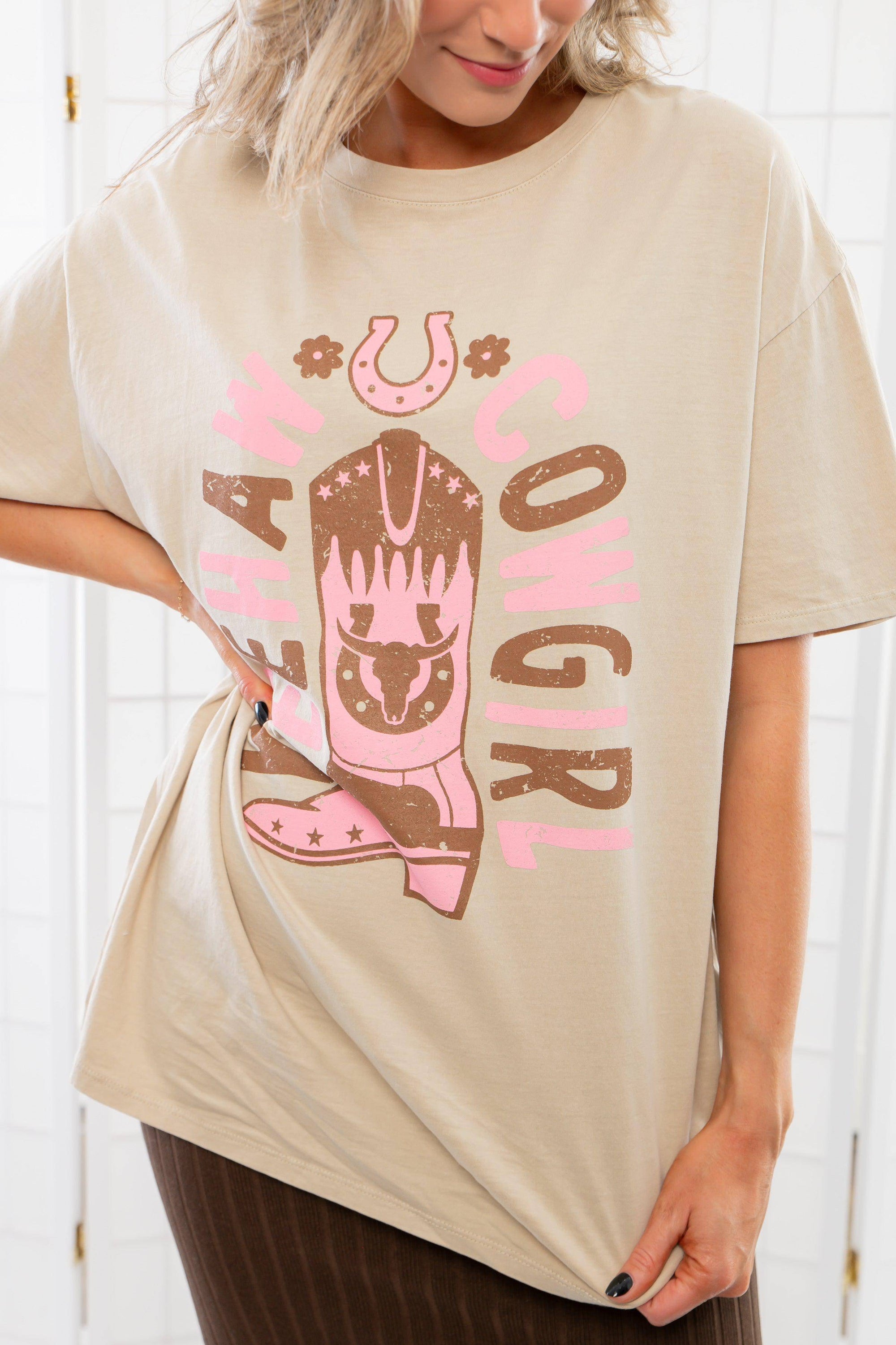 Yeehaw Cowgirl Taupe Oversized Graphic Tee-Tops-Tres Bien-L. Mae Boutique & Wild Mabel Clothing