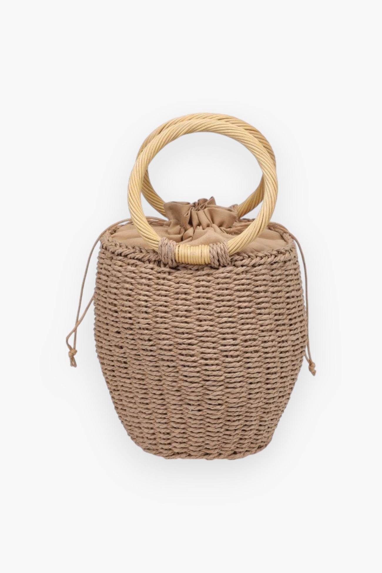 Back view of the Perfect Picnic Tan Straw Bucket Floral Handbag showing natural woven texture and sturdy circular wicker handles.