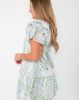 Side view of Blue Hydrangea Flutter Sleeve Mini Dress showing layered ruffle sleeves and flowy silhouette for a breezy summer look.