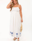 MINKPINK White & Blue Isadora Embroidered Midi Dress with blue palm tree embroidery, open back, and adjustable straps for chic summer style.