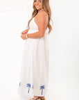 MINKPINK White & Blue Isadora Embroidered Midi Dress with blue palm tree embroidery, open back, and adjustable straps for chic summer style.