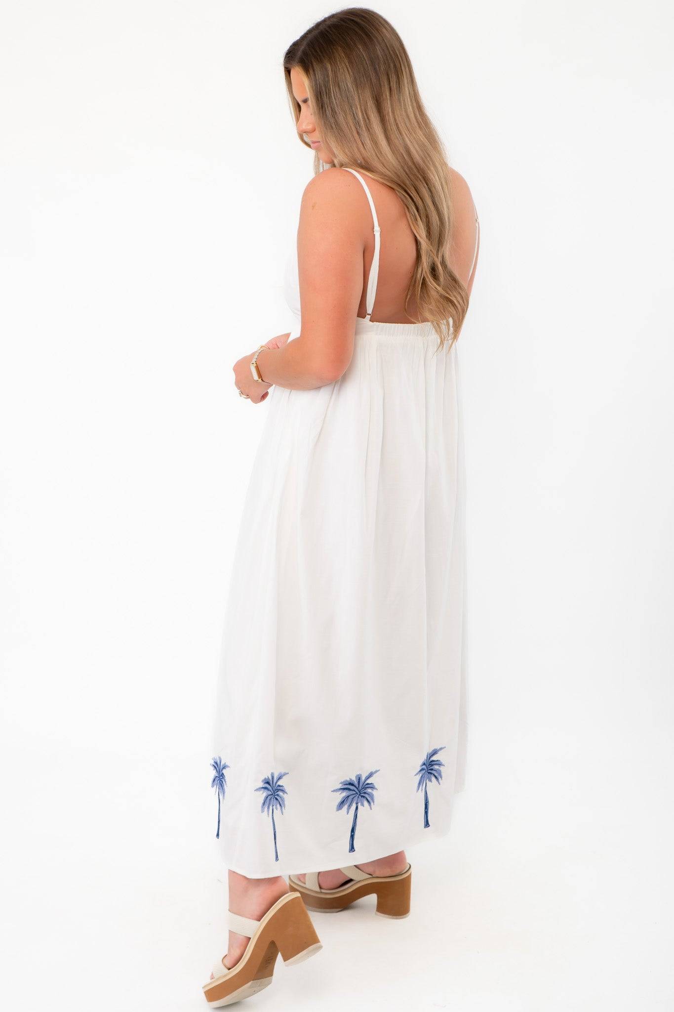 MINKPINK White & Blue Isadora Embroidered Midi Dress with open back and blue palm embroidery, perfect for summer style and beach vacations.