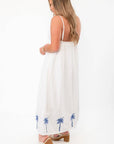 MINKPINK White & Blue Isadora Embroidered Midi Dress with open back and blue palm embroidery, perfect for summer style and beach vacations.