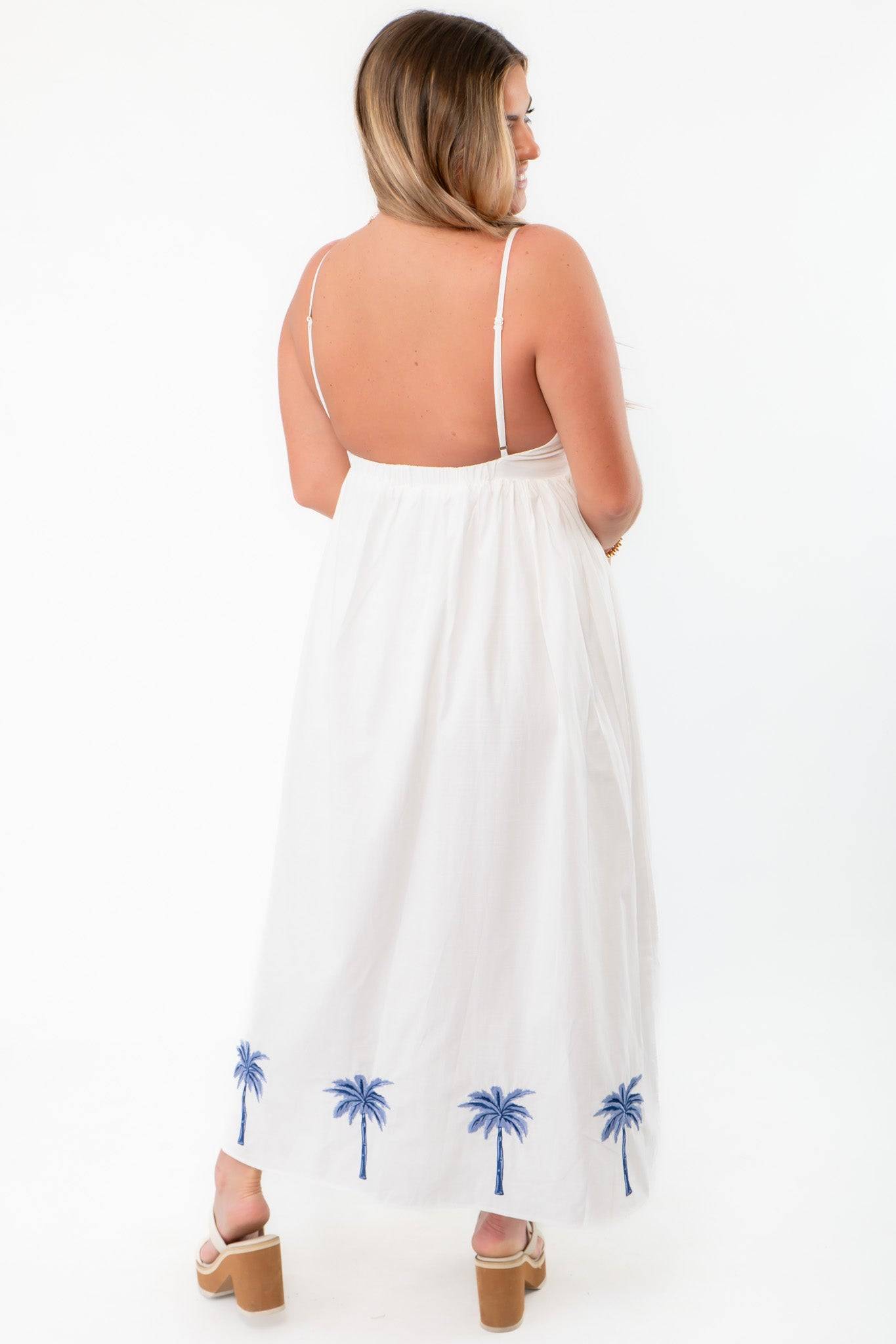MINKPINK White & Blue Isadora Embroidered Midi Dress with open back and blue palm tree embroidery, perfect for summer style and beach vacations.