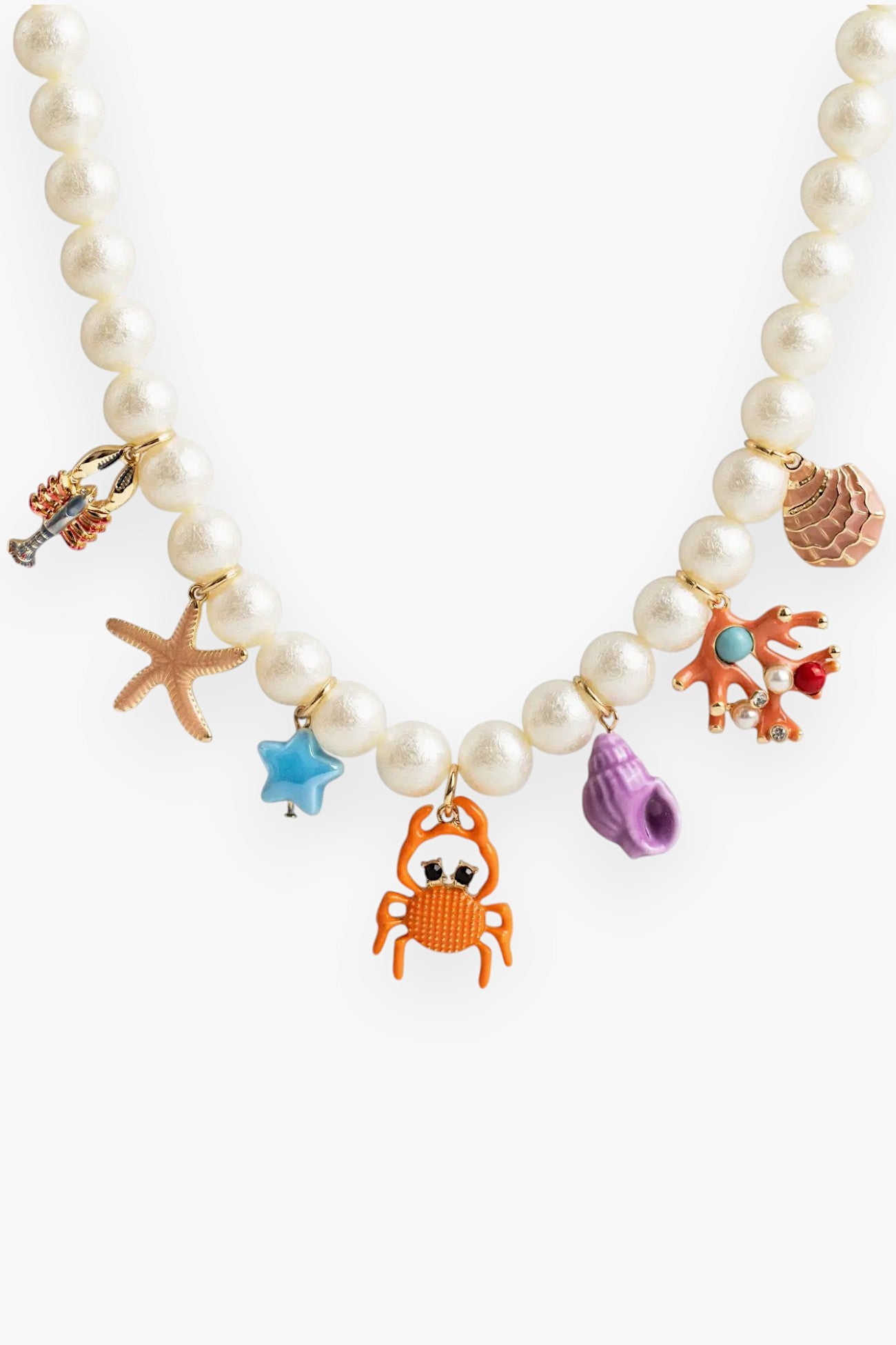 Colorful Sea Life Charm Pearl Necklace featuring vibrant sea creature charms like a crab, starfish, and coral on glossy pearl beads.