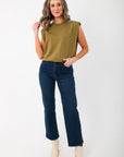 Full front view of Bennett Dark Denim Straight Leg Jean – high waist winter denim paired with sleeveless top and boots.