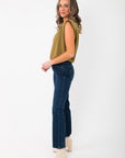 Side profile of Bennett Dark Denim Straight Leg Jean showing flattering high-rise fit and straight leg cut for versatile winter styling.