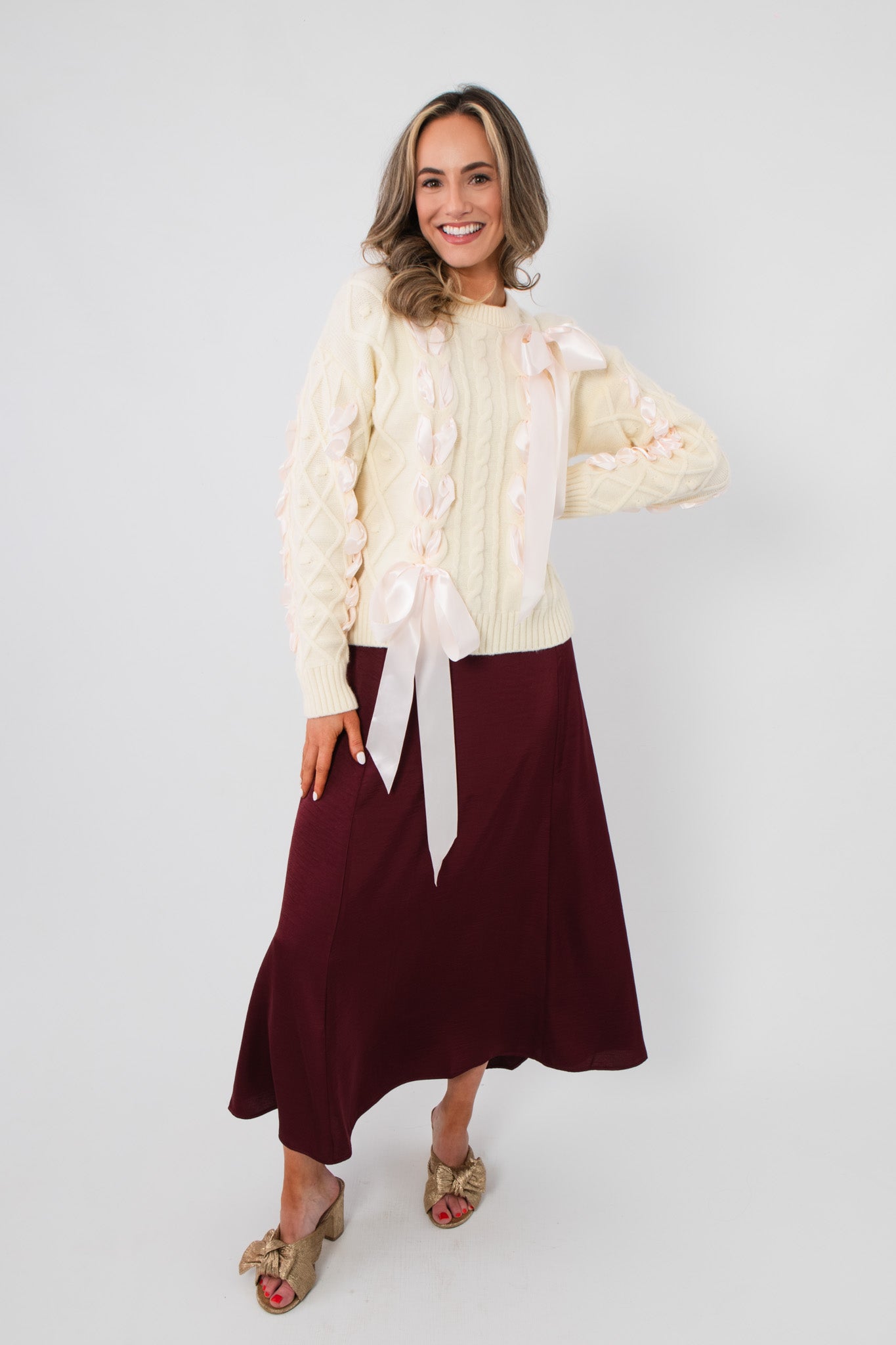 Khloe Chunky Cable Knit Ribbon Detail Sweater - Cozy Valentine's