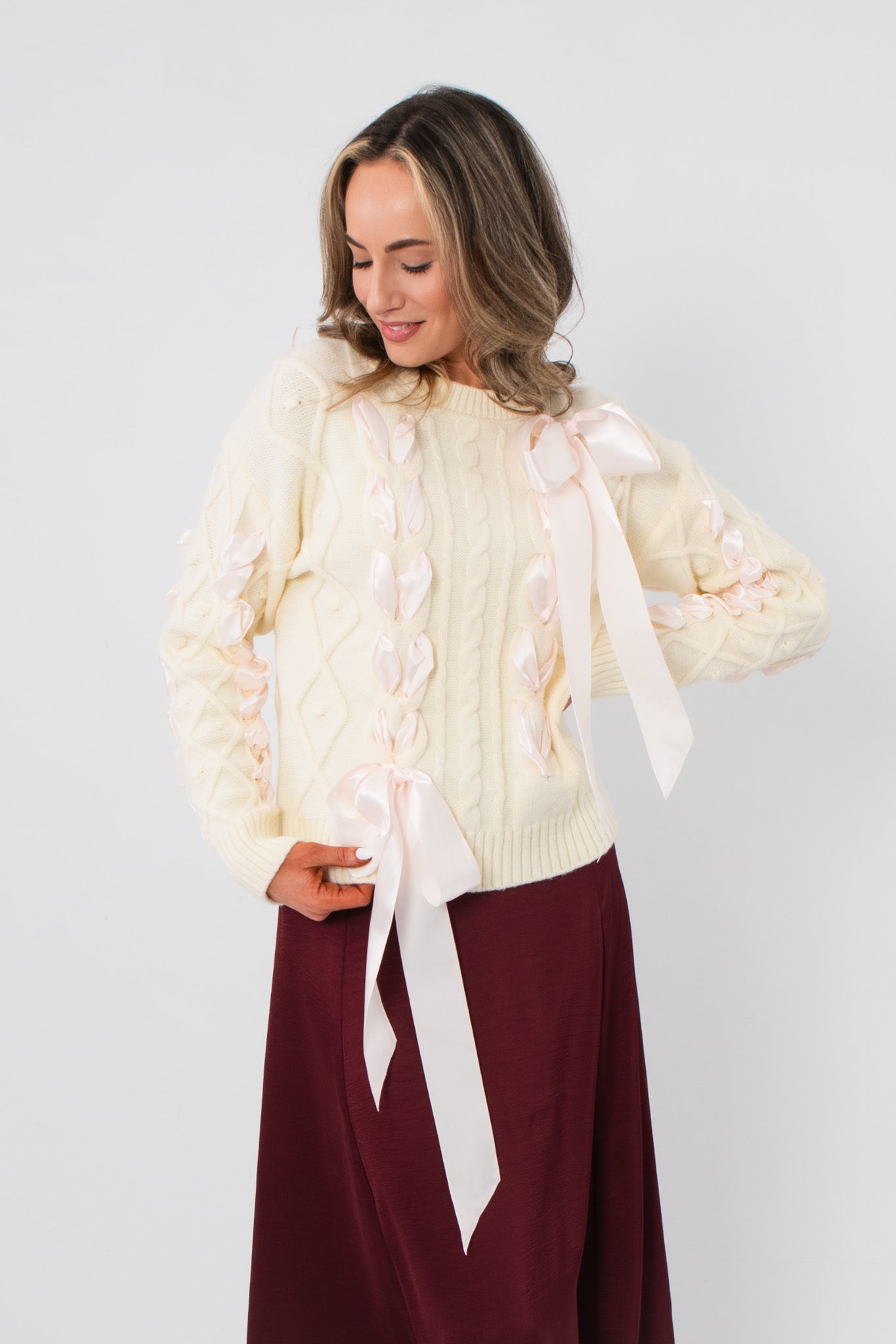 Khloe Chunky Cable Knit Ribbon Detail Sweater - Cozy Valentine's