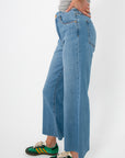 Side view of Kut from the Kloth Deference Meg High Rise Jean highlighting structured seams, high waist, and cropped wide leg silhouette.