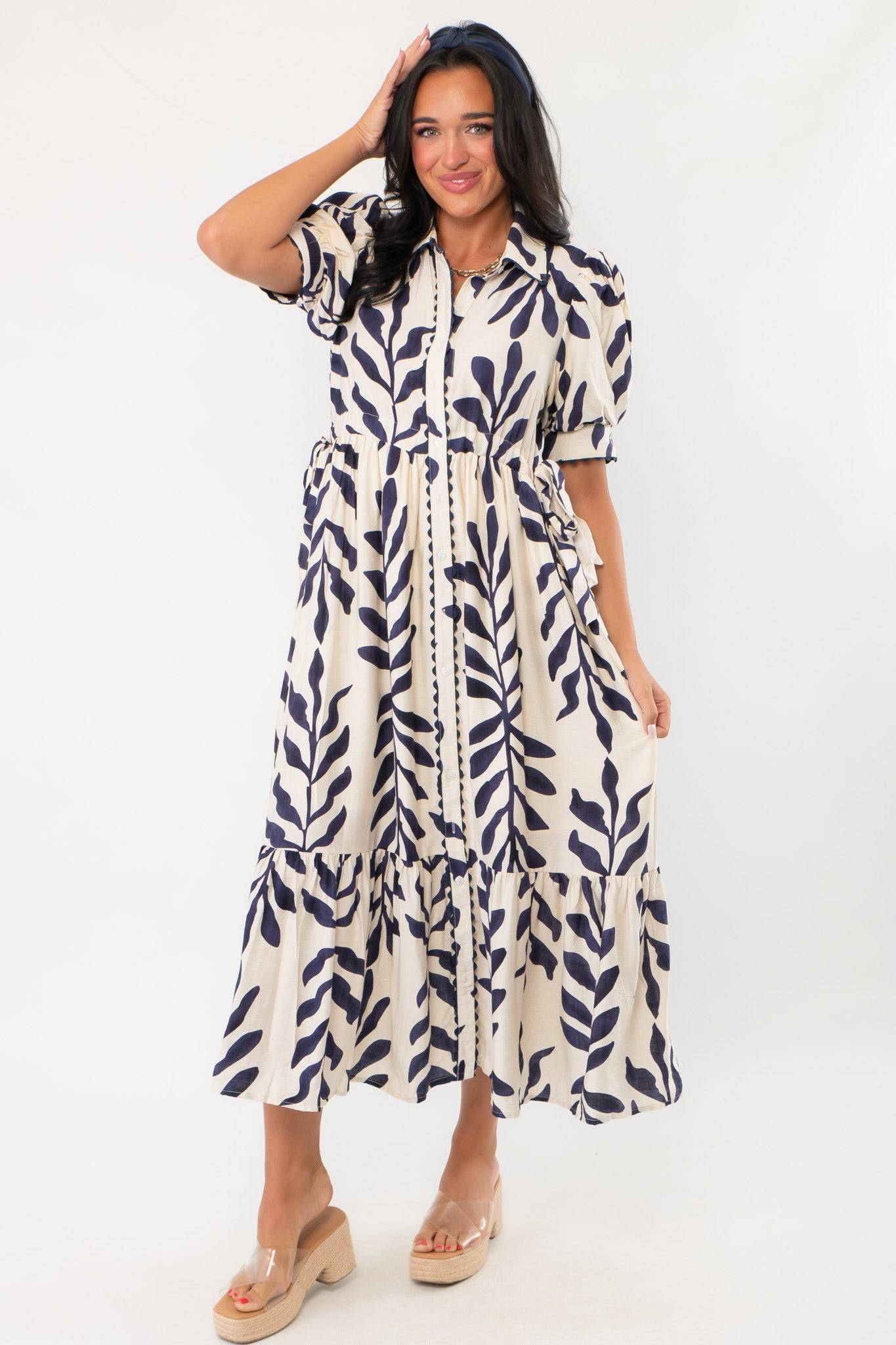 Summer Looks - Harmony Navy & Cream Puff Sleeve Collared Midi Dress with leaf print, button-down front, and tiered hem, styled with wedges.