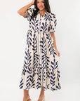 Summer Looks - Harmony Navy & Cream Puff Sleeve Collared Midi Dress with leaf print, button-down front, and tiered hem, styled with wedges.