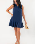 Navy Textured Collared Casual Dress