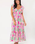 THML Pink Palm Ruffle Sleeve Maxi Dress with vibrant tropical print, flutter sleeves, and tiered skirt, perfect for weddings or vacations.