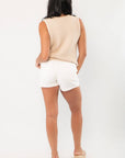 Back view of taupe knit sleeveless sweater vest showing textured knit pattern and relaxed summer fit.