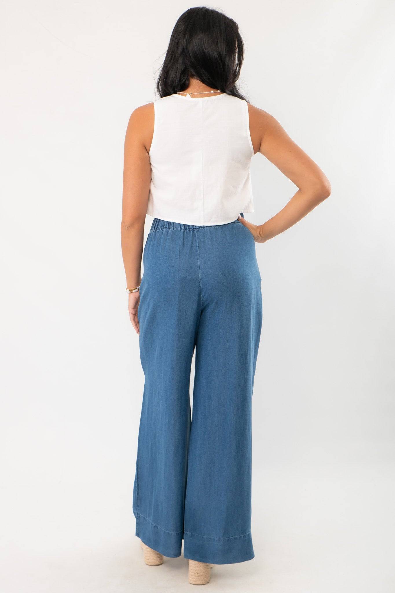 Back view of Dark Wash Denim Wide Leg Drawstring Pants showing smooth back design and relaxed wide leg fit for casual everyday wear.