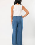 Back view of Dark Wash Denim Wide Leg Drawstring Pants showing smooth back design and relaxed wide leg fit for casual everyday wear.