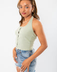 Sage Green Halter Snap Front Crop Tank