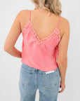 Back view of Free People Conch Shell Pink Someone Like You Cami featuring lace-trimmed V-back and adjustable spaghetti straps.