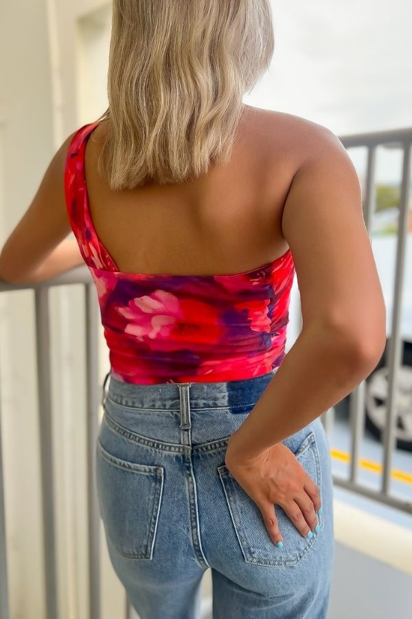 Tell Me About It Floral One Shoulder Rushed Crop Top