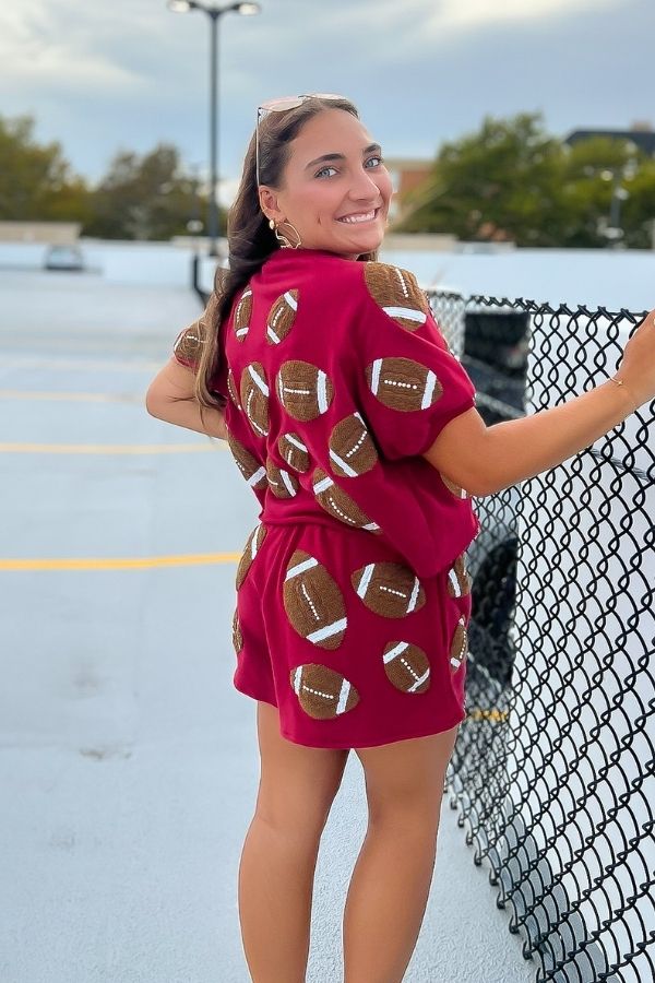 Queen of Sparkles Maroon Fuzzy Football Top