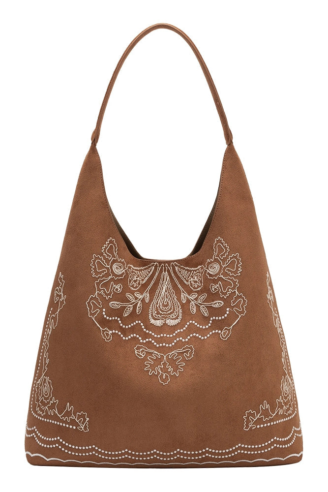 A brown suede hobo shoulder bag with white embroidered paisley and border patterns, shown against a plain white background.