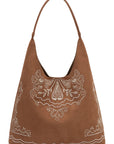 A brown suede hobo shoulder bag with white embroidered paisley and border patterns, shown against a plain white background.