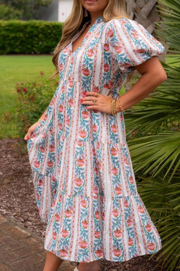 Side view of THML Pink & Cream Floral Print Midi Dress showcasing tiered skirt and vibrant floral pattern, ideal for casual summer outings.
