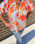 THML Light Blue Puff Sleeve Floral Striped Top