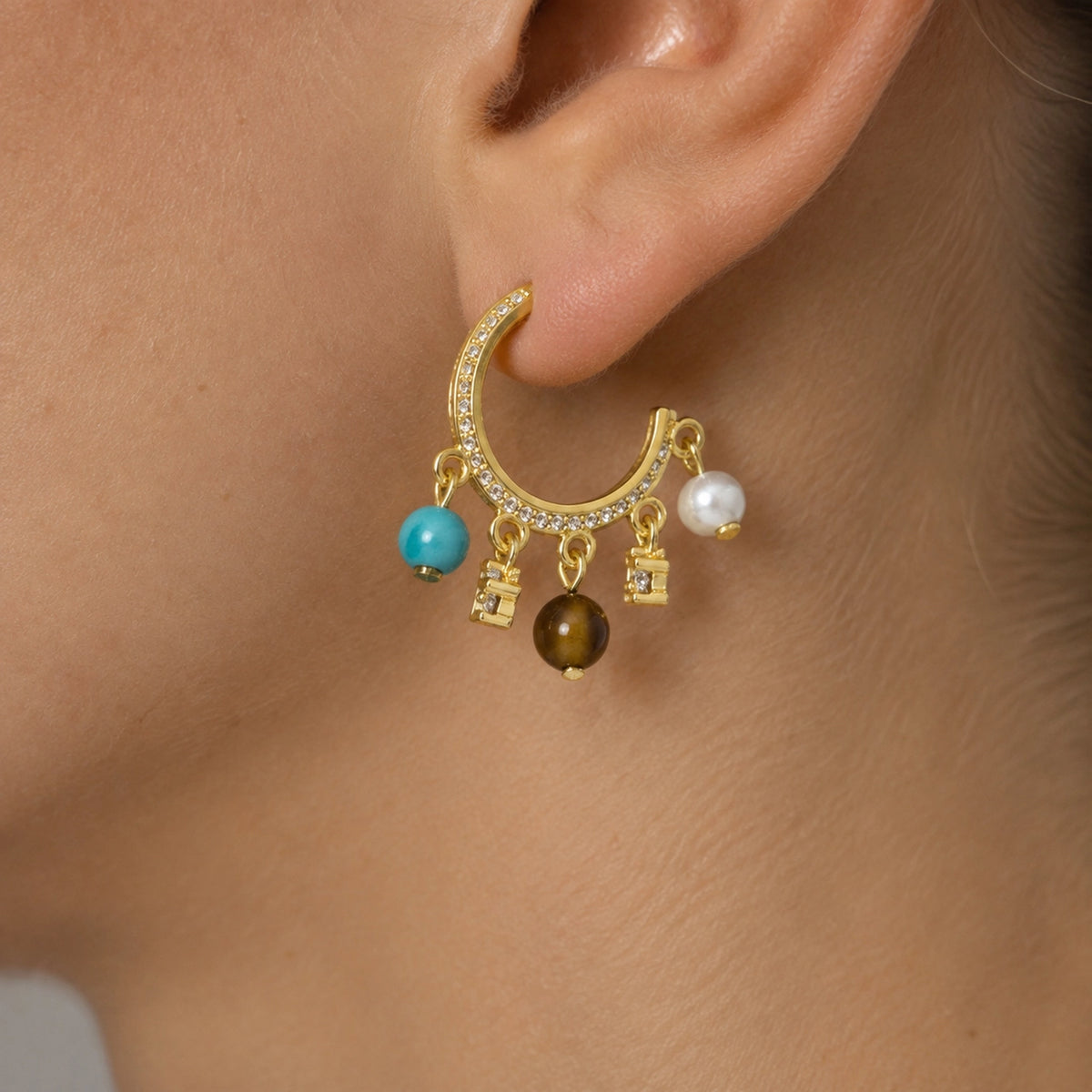Unique tiger’s eye and cubic zirconia hoops, Lightweight gold fall statement earrings