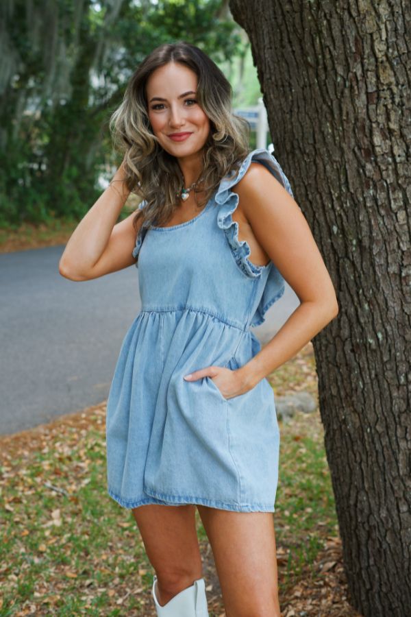 Reyna Ruffle Sleeve Light Wash Denim Romper