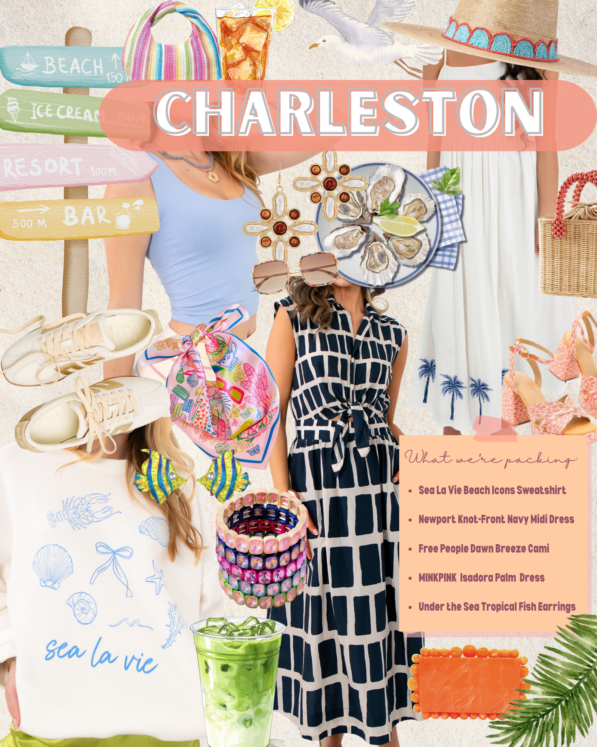 Promotional image for Charleston with people, beach items, and text overlay with outfit ideas to wear on rainbow row or at an oyster roast on spring break