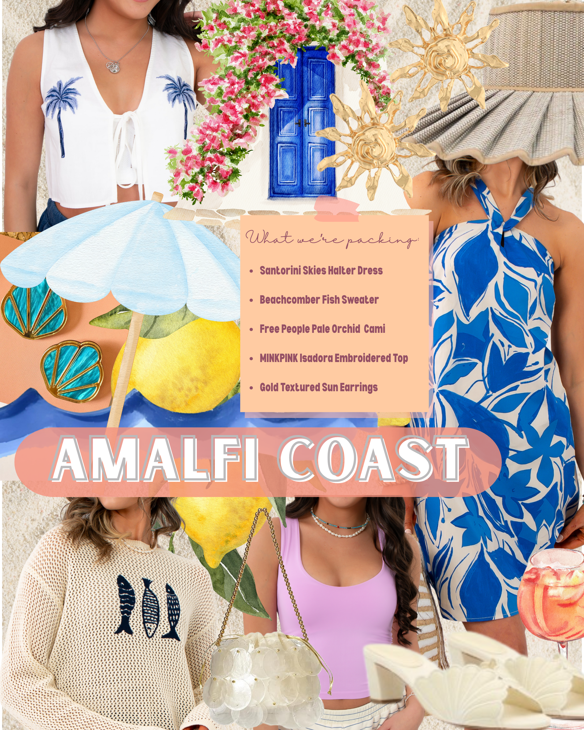 Collage of summer fashion items with 'Amalfi Coast' theme, including dresses, accessories, and beach-themed props perfect for a Mamma Mia inspired trip to Italy
