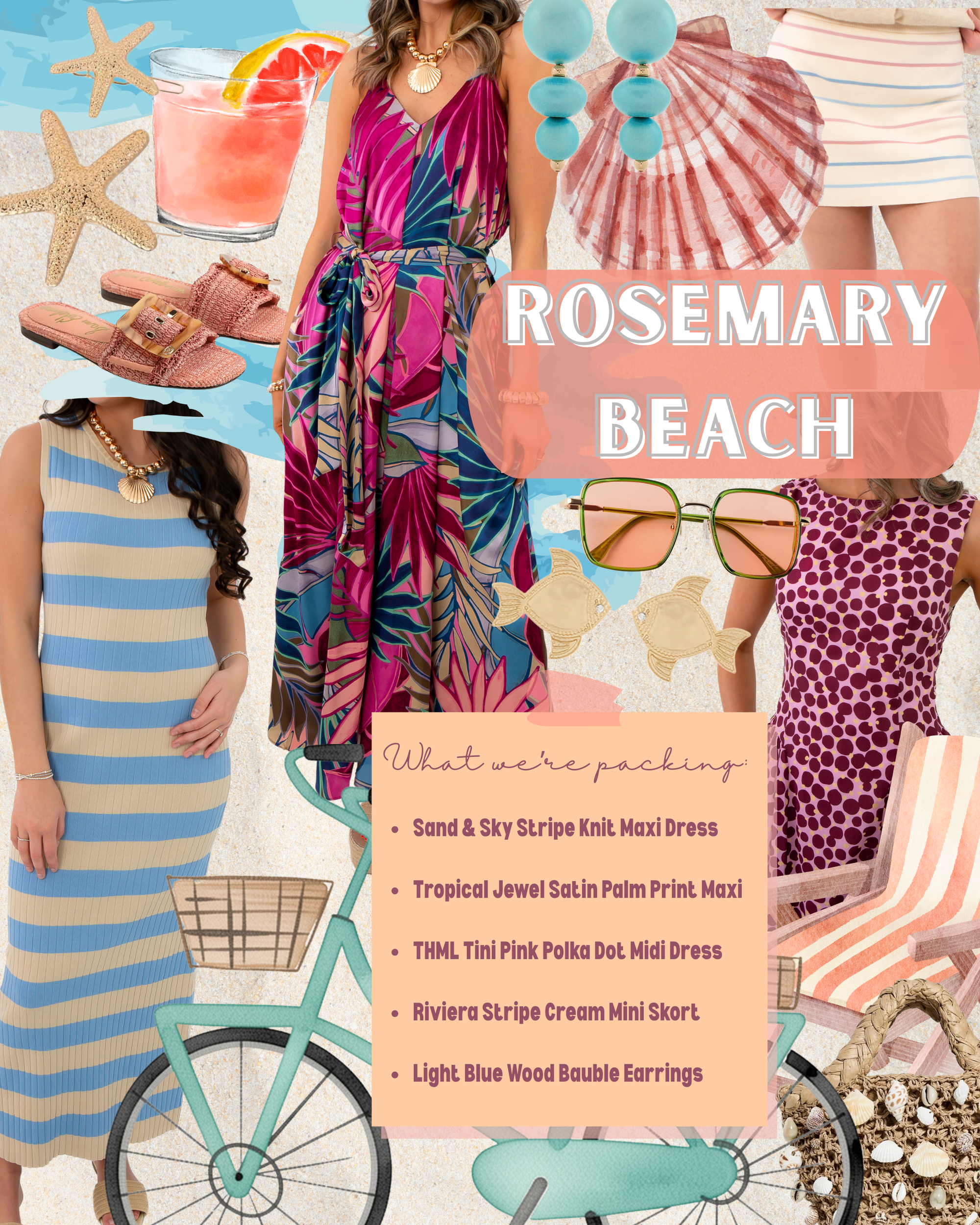 Collage of beach-themed fashion items with Rosemary Beach Aly's Beach 30A inspo and a springtime icons like bicycle and beach chair and seashell 