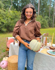 Hazel Brown Whipstitch Collared Blouse styled for fall with puff sleeves and contrast stitching, perfect for outdoor gatherings or Thanksgiving looks.