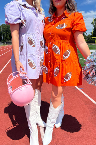 Orange & Purple Sequin Football Gameday Dresses at L. Mae Boutique