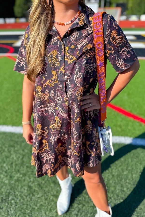 Close-up of Tiger Printed Button Down Mini Dress featuring bold tiger print, short sleeves, and collar—ideal for spirited gameday fashion.