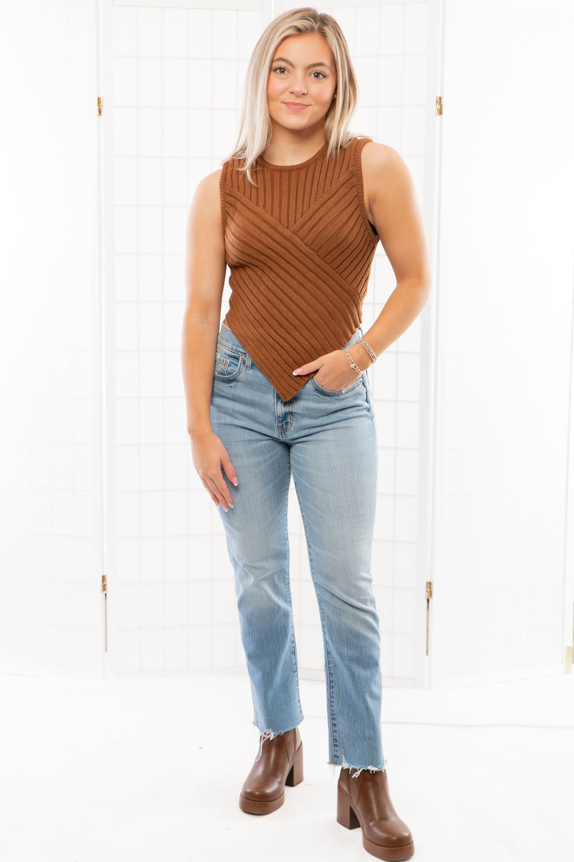 Addison Brown Asymmetrical Hem Ribbed Knit Tank-Tops-Le Lis-L. Mae Boutique &amp; Wild Mabel Clothing