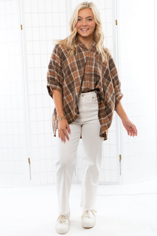 Ader Brown Plaid Oversized Shirt-Tops-day + moon-L. Mae Boutique & Wild Mabel Clothing