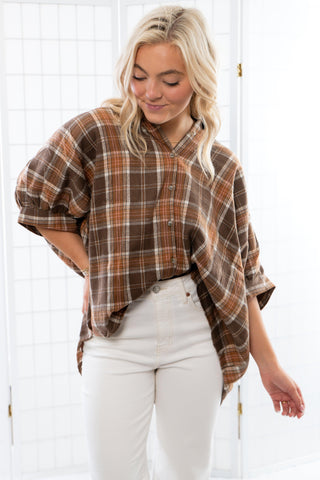 Ader Brown Plaid Oversized Shirt-Tops-day + moon-L. Mae Boutique & Wild Mabel Clothing